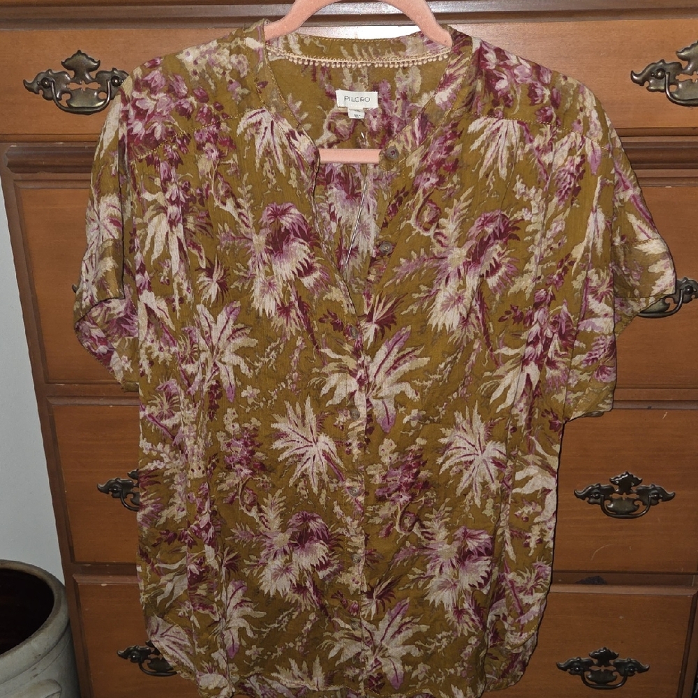 Anthropologie-Pilcro Women's Palm Print Blouse - Olive and Plum